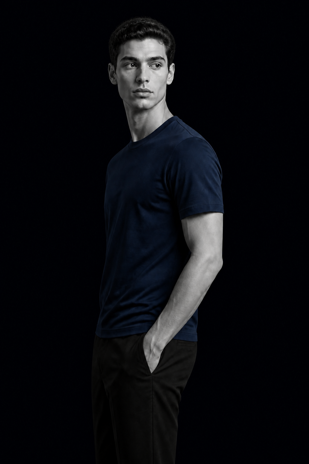 Editorial T-Shirt Pima Azul Marinho em preto e branco