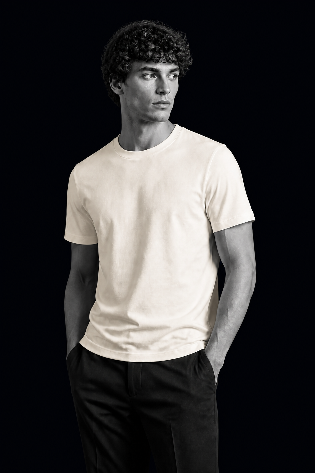 Editorial T-Shirt Pima Marfim em preto e branco
