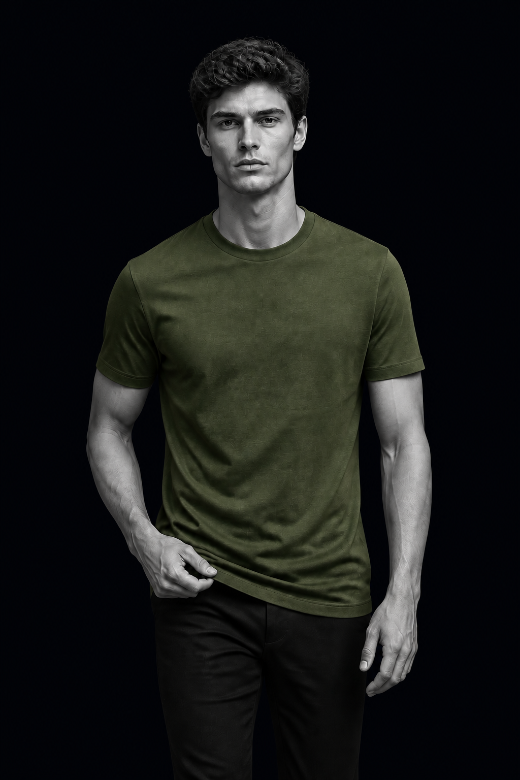 Editorial T-Shirt Pima Verde Musgo em preto e branco