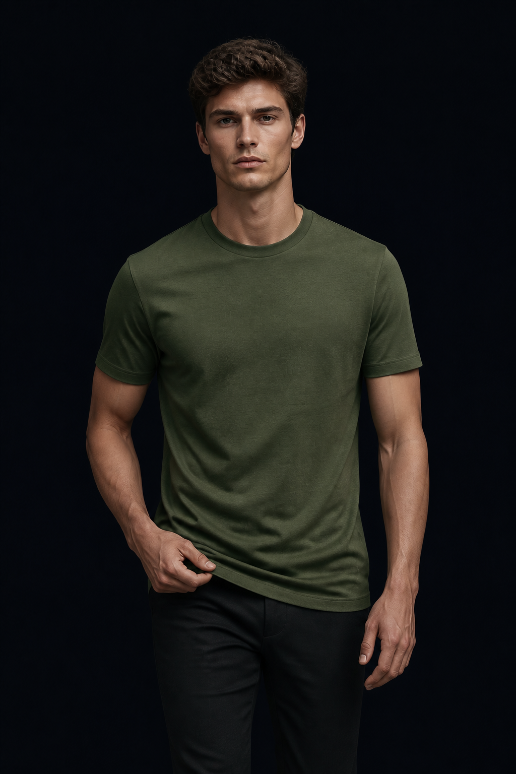 Modelo usando T-Shirt Pima Verde Musgo